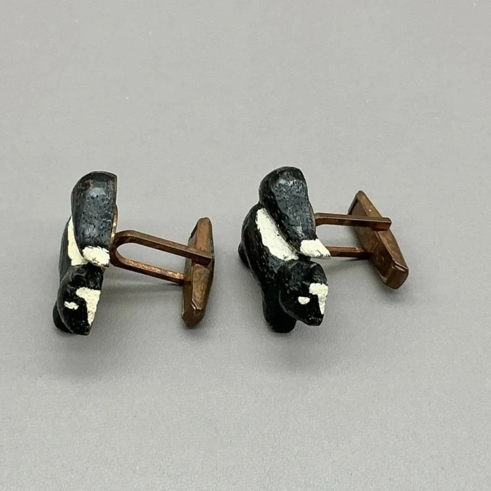 Vintage Skunk Cufflinks Hand Painted Figural Black White Wood Novelty Pat Pend